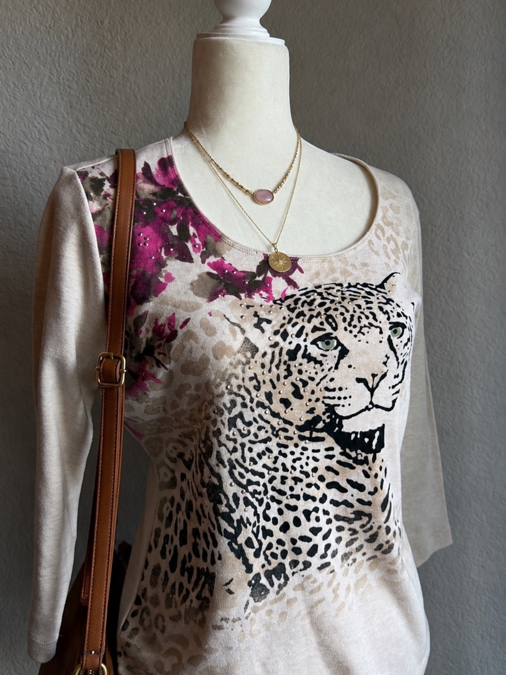 Karen Scott Leopard Graphic Floral Embellished Knit Top Size Small